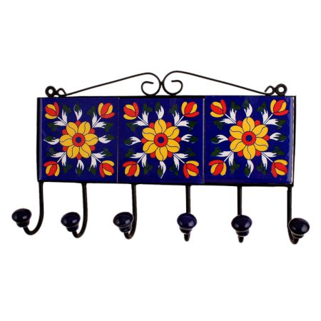 Blue Floral Ceramic Tiles Hooks-458 (Set Of Ine Piece)